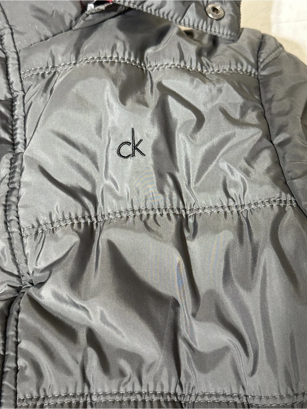 Calvin Klein Kids Gray Puffer Jacket with Red Hood Lining